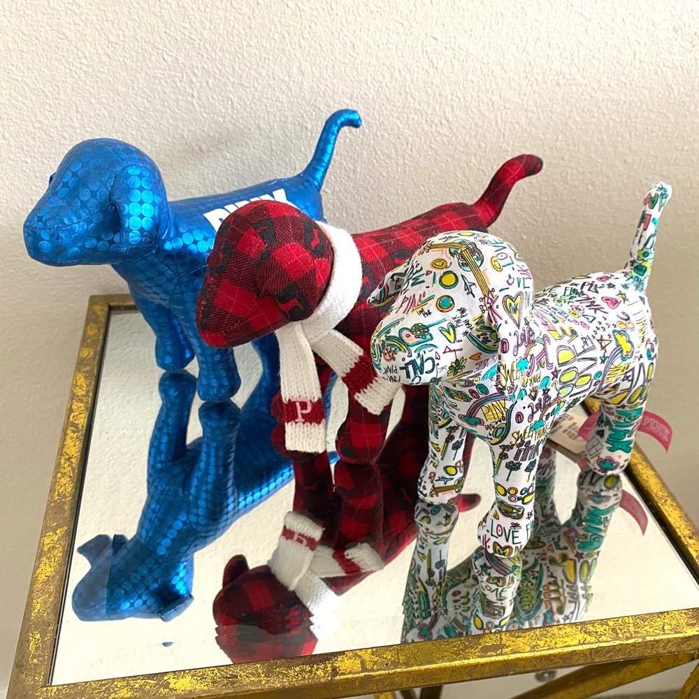 Set of 3 - Victoria’s Secret PINK Plush Dogs: Doodle, Plaid, Blue Metallic